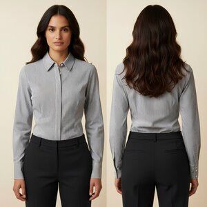 Waist-Accentuated Pinstripe Long Sleeve Blouse I  SMALL SIZE
